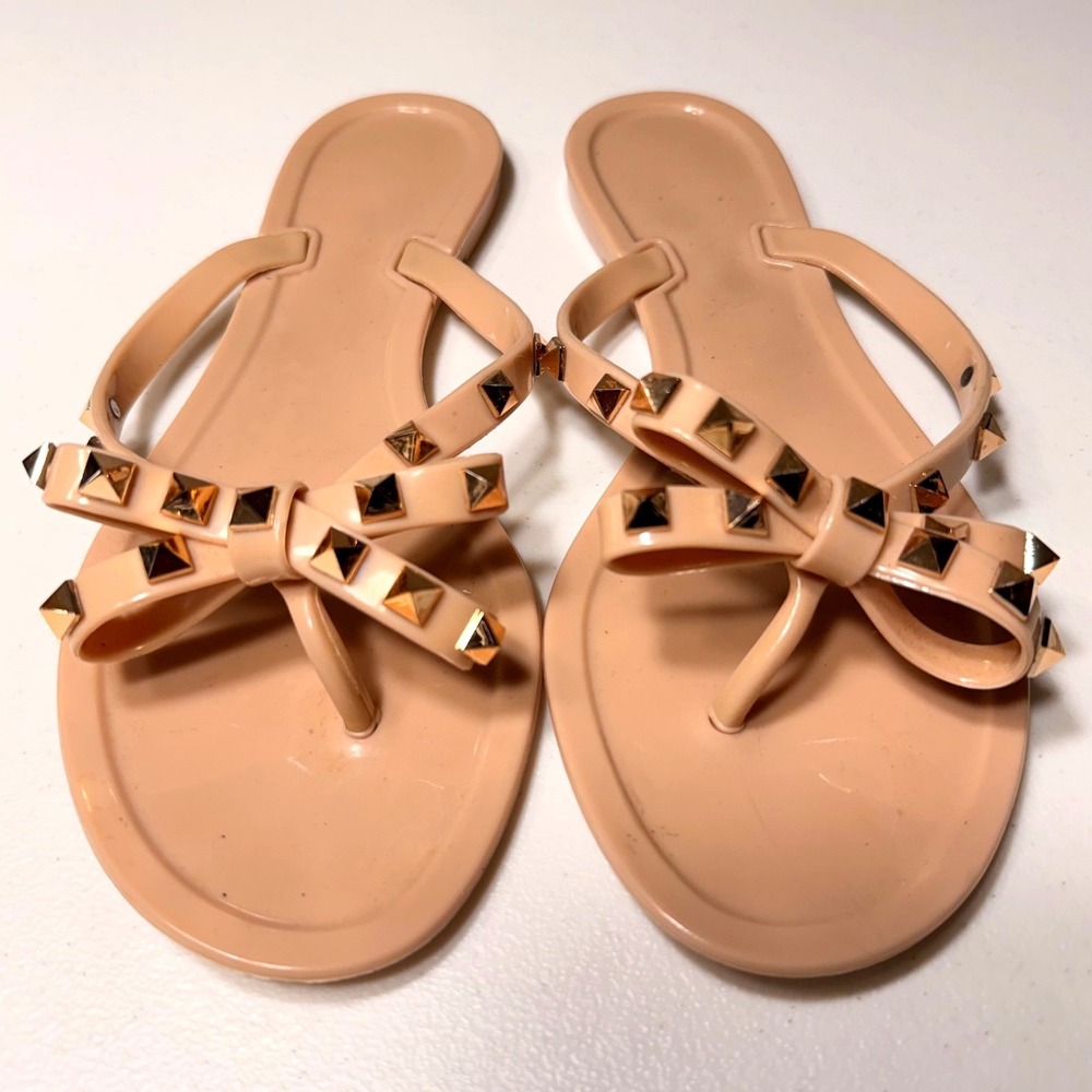 Nude Jelly Flip Flop Sandals Studded Bow Thong Flat Summer Beach Shoes Size 40